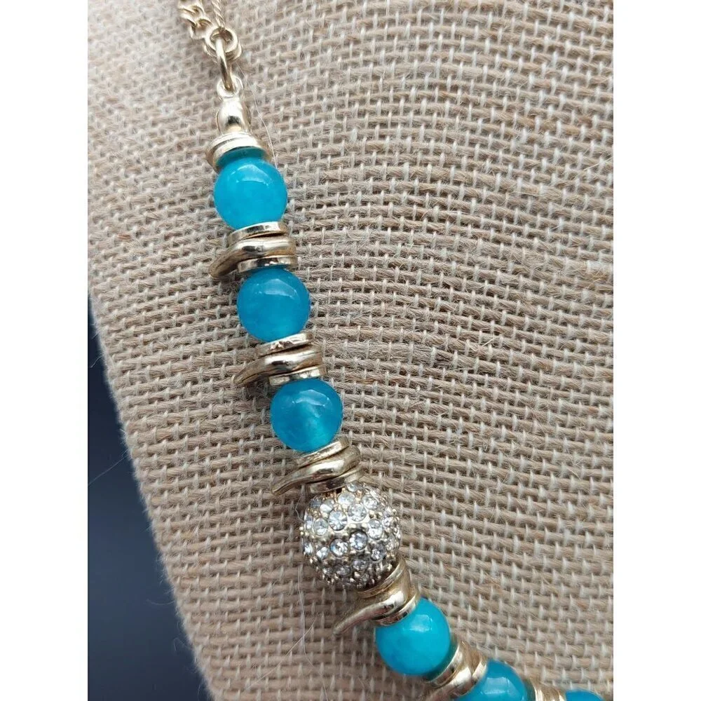 NWT Sequin Gold Tone & Blue Bead Collar Necklace Asymmetrical Paved Pendant 18